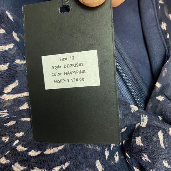 DKNY Dress Women's 12 Navy Pink Sheer Balloon Sleeve Lined Tie Waist Back Zip - Picture 3 of 16